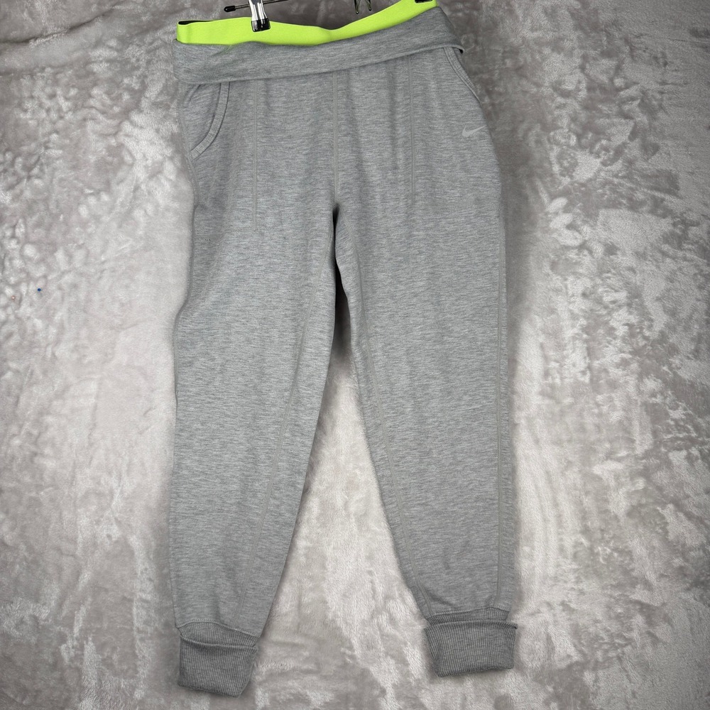 Nike Dri-FIT Joggers Mens Medium Gray Black Neon Fold Over‎ Waistband Sweatpants